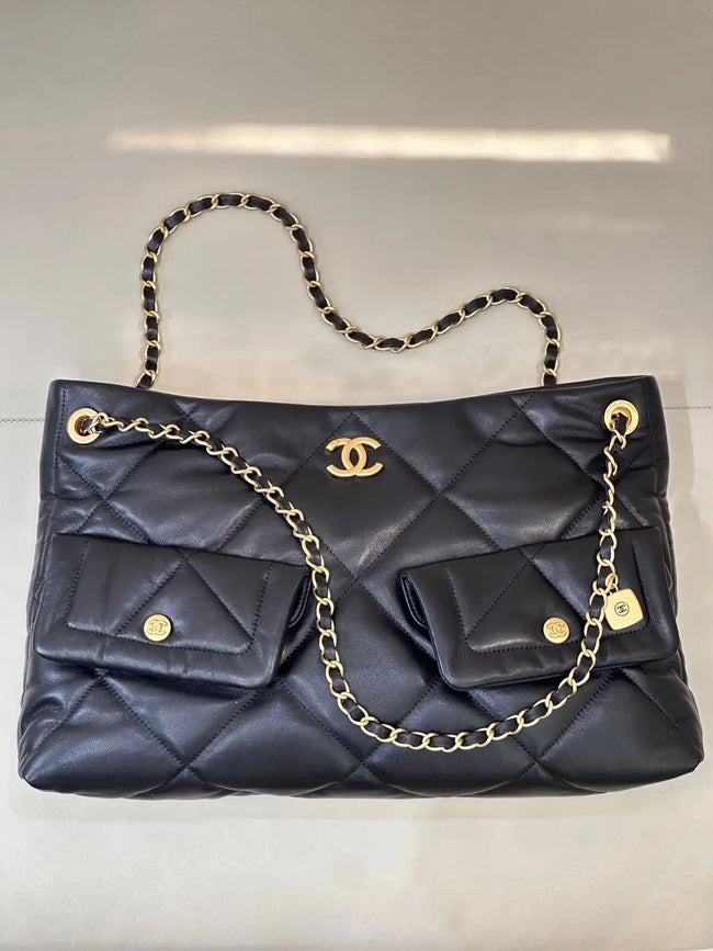 Sac Chanel 5740 Logo - Shopping Bag Cuir Agneau Marine
