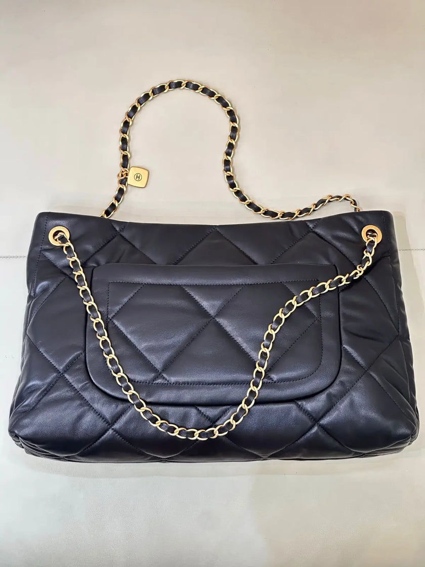 Sac Chanel 5740 Logo - Shopping Bag Cuir Agneau Marine