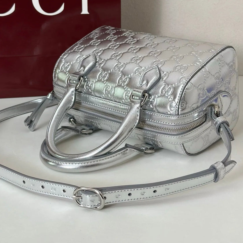 Sac Gucci Boston – Cuir Guccissima Argenté